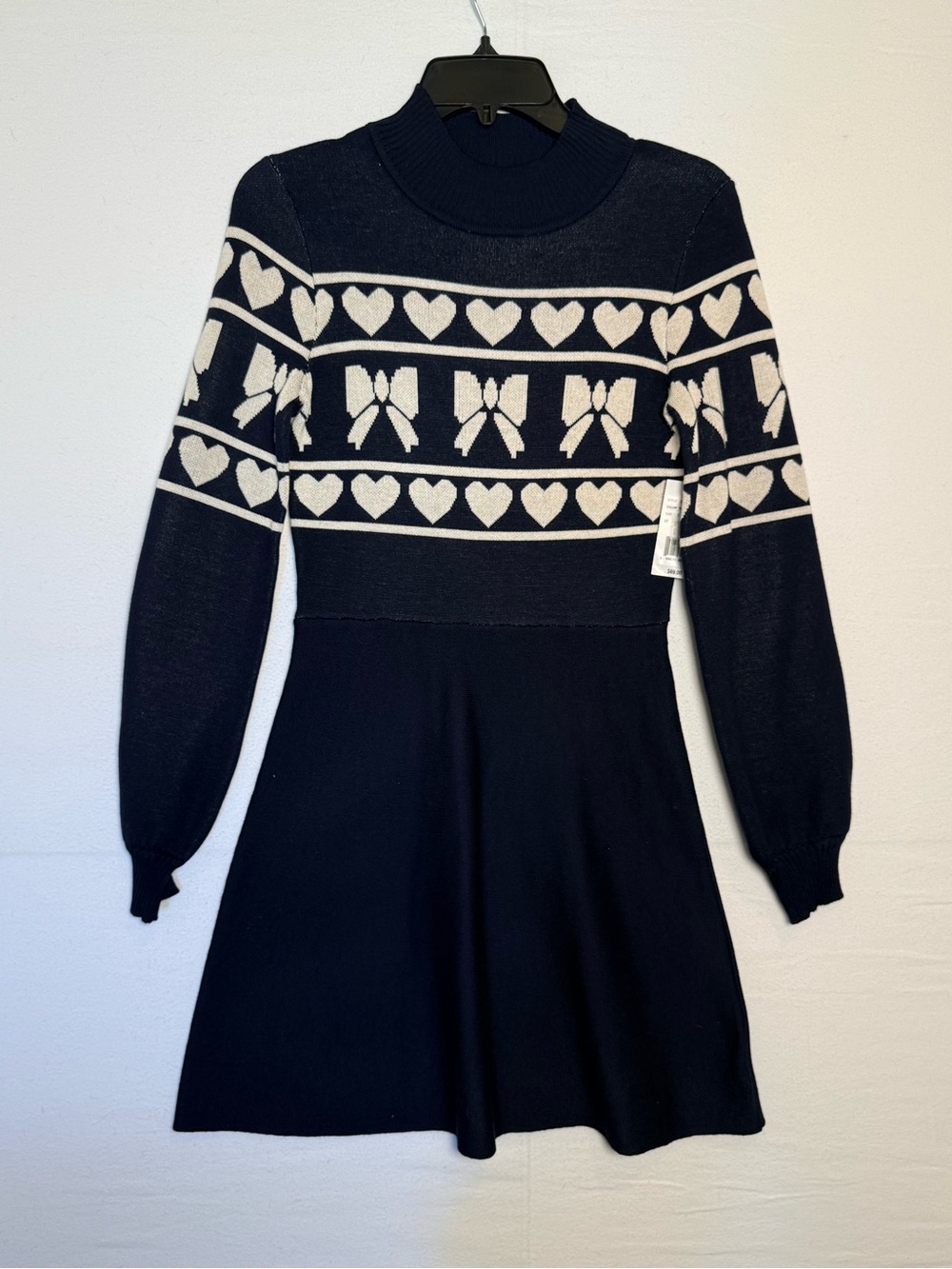 Navy & White Long-Sleeve Knit Dress with Heart and Bow Motif
